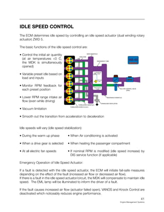 IDLE SPEED CONTROL
The ECM determines idle speed by controlling an idle speed actuator (dual winding rotary
actuator) ZWD 5.
The basic functions of the idle speed control are:
• Control the initial air quantity
(at air temperatures <0 C,
the MDK is simultaneously
opened)
• Variable preset idle based on
load and inputs
• Monitor RPM feedback for
each preset position
• Lower RPM range intake air
flow (even while driving)
• Vacuum limitation
• Smooth out the transition from acceleration to deceleration
Idle speeds will vary (idle speed stabilization):
• During the warm up phase • When Air conditioning is activated
• When a drive gear is selected • When heating the passenger compartment
• At all electric fan speeds • If nominal RPM is modified (idle speed increase) by
DIS service function (if applicable)
Emergency Operation of Idle Speed Actuator:
If a fault is detected with the idle speed actuator, the ECM will initiate fail-safe measures
depending on the effect of the fault (increased air flow or decreased air flow).
If there is a fault in the idle speed actuator/circuit, the MDK will compensate to maintain idle
speed. The EML lamp will be illuminated to inform the driver of a fault.
If the fault causes increased air flow (actuator failed open), VANOS and Knock Control are
deactivated which noticeably reduces engine performance.
41
Engine Management Systems
MDK
HFM
MAGNETIC
VALVE
VACUUM
UNIT
MS-42
MS-42
RESONANCE
FLAP
RAM TUBE
MAIN MAINIFOLD
RESONANCE TUBE
IDLE AIR CONTROL VALVE
(ZWD)
RESONANCE MANIFOLD
CRANKCASE VENTILATION
TURBULENCE MANIFOLD
TURBULENCE BORE 0:5.5mm
 