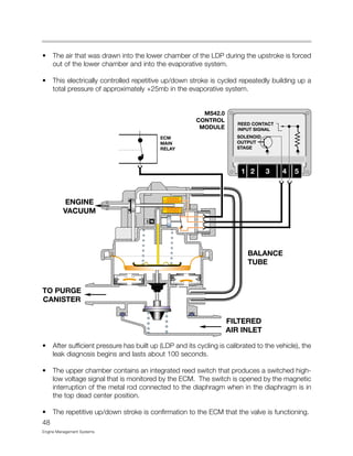 • The air that was drawn into the lower chamber of the LDP during the upstroke is forced
out of the lower chamber and into the evaporative system.
• This electrically controlled repetitive up/down stroke is cycled repeatedly building up a
total pressure of approximately +25mb in the evaporative system.
• After sufficient pressure has built up (LDP and its cycling is calibrated to the vehicle), the
leak diagnosis begins and lasts about 100 seconds.
• The upper chamber contains an integrated reed switch that produces a switched high-
low voltage signal that is monitored by the ECM. The switch is opened by the magnetic
interruption of the metal rod connected to the diaphragm when in the diaphragm is in
the top dead center position.
• The repetitive up/down stroke is confirmation to the ECM that the valve is functioning.
48
Engine Management Systems
MS42.0
CONTROL
MODULE
 