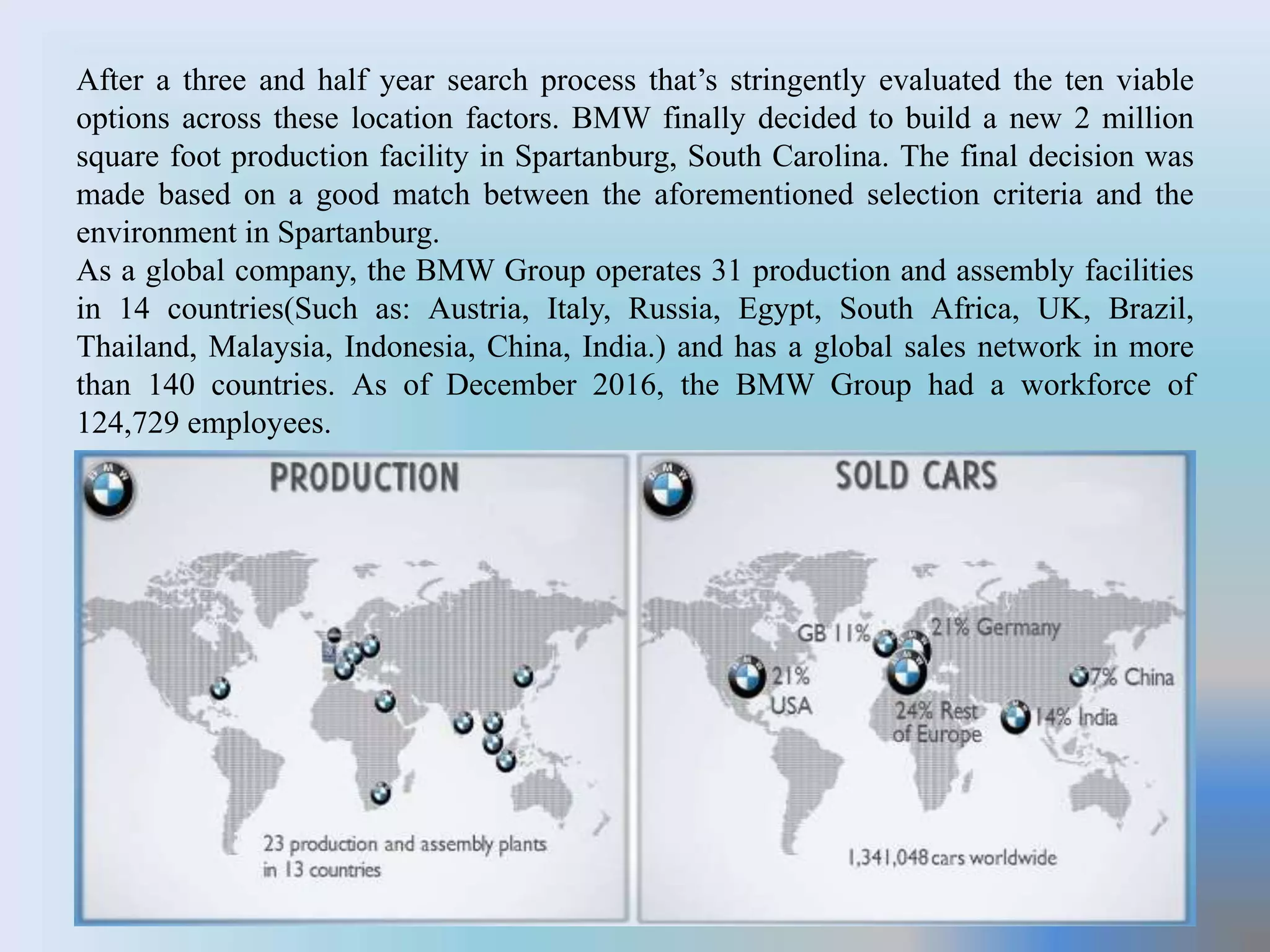 After a three and half year search process that’s stringently evaluated the ten viable
options across these location factors. BMW finally decided to build a new 2 million
square foot production facility in Spartanburg, South Carolina. The final decision was
made based on a good match between the aforementioned selection criteria and the
environment in Spartanburg.
As a global company, the BMW Group operates 31 production and assembly facilities
in 14 countries(Such as: Austria, Italy, Russia, Egypt, South Africa, UK, Brazil,
Thailand, Malaysia, Indonesia, China, India.) and has a global sales network in more
than 140 countries. As of December 2016, the BMW Group had a workforce of
124,729 employees.
 