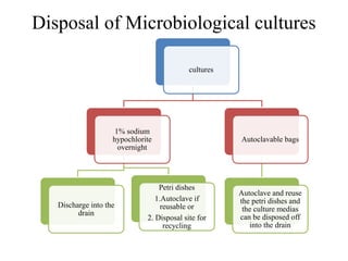 Disposal of Microbiological cultures
cultures
1% sodium
hypochlorite
overnight
Discharge into the
drain
Petri dishes
1.Autoclave if
reusable or
2. Disposal site for
recycling
Autoclavable bags
Autoclave and reuse
the petri dishes and
the culture medias
can be disposed off
into the drain
 
