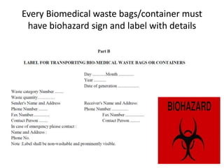 Every Biomedical waste bags/container must
have biohazard sign and label with details
 