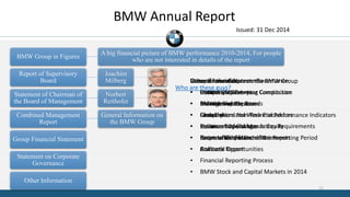 BMW Group in Figures
A big financial picture of BMW performance 2010-2014, For people
who are not interested in details of the report
Report of Supervisory
Board
Joachim
Milberg
Statement of Chairman of
the Board of Management
Norbert
Reithofer
Combined Management
Report
General Information on
the BMW Group
Group Financial Statement
Statement on Corporate
Governance
Other Information
BMW Annual Report
Issued: 31 Dec 2014
General Information on the BMW Group
• Business Model
• Management System
• Financial and Non-financial Performance Indicators
• Review of Operations
• Events after the End of the Reporting Period
• Risks and Opportunities
• Financial Reporting Process
• BMW Stock and Capital Markets in 2014
Group financial Statements
• Income Statements
• Balance Sheets
• Cash Flow
• Statement of Changes in Equity
• Notes to the Financial Statements
Statement on Corporate Governance
• Company’s Governing Constitution
• Members of the Boards
• Composition and Work Procedures
• Practices beyond Mandatory Requirements
• Responsibility Statement
• Auditor’s Report
Other Information
• BMW Group Ten-year Comparison
• BMW Group Locations
• Glossary
• Index
• Financial Calendar
• Contacts
Who are these guys?
11
 
