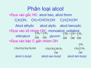 Phân loại alcol 
+Dựa vào gốc HC: alcol béo, alcol thơm 
C2H5OH, CH2=CHCH2OH C6H5CH2OH 
Alcol ethylic alcol alylic alcol benzylic 
+Dựa vào số nhóm OH : monoalcol, polialcol. 
CH2 CH2 
OH OH 
etilenglicol glycerin 
+Dựa vào bậc C gắn nhóm OH 
CH2 CH CH2 
OH OH OH 
CH3CH2CH2CH2OH CH3CH2CHCH3 
OH 
CH3 
CH3CCH3 
OH 
alcol n-butyl alcol sec-butyl alcol tert-butyl 
 
