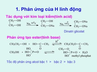 1. Phản ứng của H linh động 
Tác dụng với kim loại kiềm(tính acid) 
Dinatri glicolat 
CH2 
CH2 
OH 
OH Na, 500c 
CH2 
CH2 
OH 
ONa Na, 160 
0c 
CH2 
CH2 
ONa 
ONa 
Phản ứng tạo ester(tính base) 
CH3CH2 OH HO C 
O 
CH3 
H 
CH3CH2O C 
O 
CH3 
HO 
HO 
CH3OH P O 
O 
HO 
CH3 
HO HO 
P O 
H2O 
methyl phosphat 
Tốc độ phản ứng alcol bậc 1 > bậc 2 > bậc 3 
 