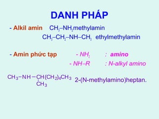 DANH PHÁP 
- Alkil amin CH3-NH2methylamin 
CH3-CH2-NH-CH3 ethylmethylamin 
- Amin phức tạp - NH2 : amino 
- NH-R : N-alkyl amino 
CH3 N H CH(CH2)4CH3 2-(N-methylamino)heptan. 
CH3 
 