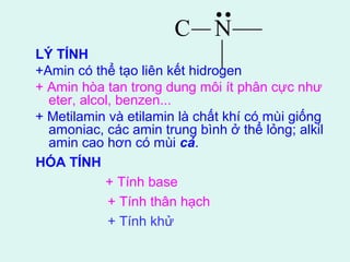 LÝ TÍNH 
+Amin có thể tạo liên kết hidrogen 
+ Amin hòa tan trong dung môi ít phân cực như 
eter, alcol, benzen... 
+ Metilamin và etilamin là chất khí có mùi giống 
amoniac, các amin trung bình ở thể lỏng; alkil 
amin cao hơn có mùi cá. 
HÓA TÍNH 
C N 
+ Tính base 
+ Tính thân hạch 
+ Tính khử 
 