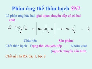 Phản ứng thế thân hạch SN2 
Là phản ứng bậc hai, giai đọan chuyển tiếp có cả hai 
chất. 
Nu C X Nu C X Nu C X 
Chất nền Sản phẩm 
Chất thân hạch Trạng thái chuyển tiếp Nhóm xuất. 
(nghịch chuyển cấu hình) 
Chất nền là RX bậc 1, bậc 2 
 