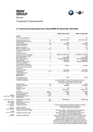 Russia
Corporate Communication
5. Технические характеристики. Новый BMW X3 sDrive18d, xDrive20d.
BMW X3 sDrive18d

BMW X3 xDrive20d

Кузов
Количество дверей/мест
Длина/ширина/высота (в
ненагруженном состоянии)
Колесная база
Колея спереди/сзади
Дорожный просвет
Диаметр разворота
Емкость топливного бака
Система охлаждения, вкл.
отопитель
Моторное масло1)
Собственная масса по DIN/EU
Полезная нагрузка по DIN
Доп. общая масса
Доп. осевая нагрузка
спереди/сзади
Доп. масса буксируемого
груза (12 %), прицеп с
тормозами/без тормозов
Доп. нагрузка на крышу/ Доп.
нагрузка на тягово- сцепное
устройство
Объем багажника
Коэффициент
аэродинамического
сопротивления
Двигатель

5/5

5/5

мм

4657/1881/1661

4657/1881/1661

мм
мм

2810
1616/1632
204

2810
1616/1632
204

м
ок. л
л

11,9
67

11,9
67

3)

3)

3)

3)

1660/1735 (1680/1755)

1730/1805 (1745/1820)

кг

640
2300 (2320)
1020/1330 1050/1330
(1060/1330)
2000/750

620
2350 (2365)
1020/1330 1050/1330
(1060/1330)
2000/750 (2400/750)

кг

100/100

100/100

л
cX x A

550–1600
0,33 x 2,65

550–1600
0,33 x 2,65

R/4/4

R/4/4

л
кг
кг
кг
кг

Конструкция/кол-во
цилиндров/клапанов
Технология двигателя
Рабочий объем
Ход поршня/диаметр
цилиндра
Степень сжатия
Топливо

Company
«BMW Russland Trading»
OOO
A BMW Group company
Office address
125212, Russia,
Moscow,
Leningradskoe sh,
39a, bld.1
Telephone
(007 495) 795 2900
Telefax
(007 495) 795 2912
Internet
www.bmw.ru

Мощность
при частоте вращения
Крутящий момент
при частоте вращения
Электрика
Батарея/место установки
Генератор
Динамика движения и
безопасность
Передняя подвеска
Задняя подвеска
облегченной конструкции
Тормозная система спереди
Тормозная система сзади
Системы стабилизации

см³
мм

Технология BMW TwinPower Turbo: турбонагнетатель с
изменяемой геометрией турбины, система
непосредственного впрыска Common Rail
1995
1995
90,0/84,0
90,0/84,0

:л

16,5
Дизельное

16,5
Дизельное

кВт/л. с.
об/мин
Нм
об/мин

110/150
4000
360

140/190
4000
400

3)

3)

Ah/–
A/W

90/багажник

90/багажник

3)

3)

Стальная двухшарнирная передняя подвеска с тяговыми
растяжками облегченной конструкции
Стальная пятирычажная подвеска
Дисковые тормоза с однопоршневыми плавающими
суппортами, с вентилируемыми дисками
Дисковые тормоза с однопоршневыми плавающими
суппортами, с вентилируемыми дисками
В базовой комплектации: DSC, вкл. ABS и DTC (Dynamische
Traktions Control), система контроля за торможением в
повороте CBC, система динамического контроля за
торможением DBC, функция просушки тормозов, система
компенсации потери эффективности тормозов при перегреве,
система помощи при трогании с места; DSC, объединенная в
сеть с полным приводом xDrive (X3 xDrive20d), система помощи

 
