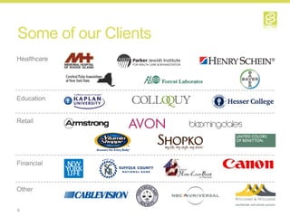 Some of our Clients
Healthcare




Education


Retail




Financial



Other


6
 