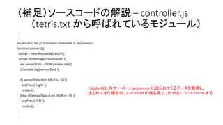 （補足）ソースコードの解説 – controller.js
（tetris.txt から呼ばれているモジュール）
:
:
var wsUrl = 'ws://' + location.hostname + '/ws/sensor';
function connect(){
socket = new WebSocket(wsUrl);
socket.onmessage = function(e) {
var sensorData = JSON.parse(e.data);
//console.log( sensorData );
if( sensorData.d.ori.tiltLR >= 50 ){
keyPress( 'right' );
render();
}else if( sensorData.d.ori.tiltLR <= -50 ){
keyPress( 'left' );
render();
:
:
（Node-RED のサーバー）/ws/sensor に送られてくるデータを監視し、
送られてきた場合は、d.ori.tiltLR の値を見て、右や左にコントロールする
 