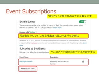 Event Subscriptions
“Botさん”に聞き耳の立て方を教えます
どんなことに聞き耳を立てるか設定する
何かをヒアリングしたら呼出されるコールバックURL
 