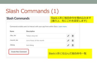 Slash Commands (1)
Slack人形に独自命令を埋め込みます
(進行上、先にこれを設定します)
Slack人形に仕込んだ独自命令一覧
 