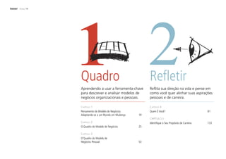Início! PÁGINA 14
Quadro
Aprendendo a usar a ferramenta-chave
para descrever e analisar modelos de
negócios organizacionais e pessoais.
CAPÍTULO 1
Pensamento de Modelo de Negócios:
Adaptando-se a um Mundo em Mudança 19
CAPÍTULO 2
O Quadro do Modelo de Negócios 25
CAPÍTULO 3
O Quadro do Modelo de
Negócios Pessoal 53
Refletir
Reflita sua direção na vida e pense em
como você quer alinhar suas aspirações
pessoais e de carreira.
CAPÍTULO 4
Quem É Você? 81
CAPÍTULO 5
Identifique o Seu Propósito de Carreira 133
 