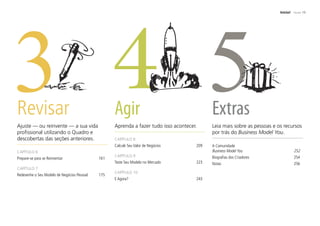 Início! PÁGINA 15
Revisar
Ajuste — ou reinvente — a sua vida
profissional utilizando o Quadro e
descobertas das seções anteriores.
CAPÍTULO 6
Prepare-se para se Reinventar 161
CAPÍTULO 7
Redesenhe o Seu Modelo de Negócios Pessoal 175
Agir
Aprenda a fazer tudo isso acontecer.
CAPÍTULO 8
Calcule Seu Valor de Negócios 209
CAPÍTULO 9
Teste Seu Modelo no Mercado 223
CAPÍTULO 10
E Agora? 243
Extras
Leia mais sobre as pessoas e os recursos
por trás do Business Model You.
A Comunidade
Business Model You 252
Biografias dos Criadores 254
Notas 256
 