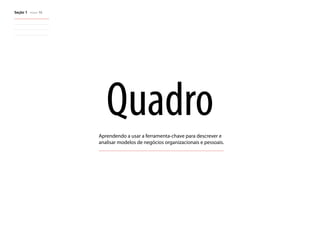 Seção 1 PÁGINA 16
QuadroAprendendo a usar a ferramenta-chave para descrever e
analisar modelos de negócios organizacionais e pessoais.
 