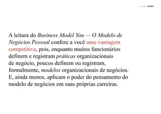 PÁGINA 23 Quadro
A leitura do Business Model You — O Modelo de
Negócios Pessoal confere a você uma vantagem
competitiva, pois, enquanto muitos funcionários
definem e registram práticas organizacionais
de negócio, poucos definem ou registram,
formalmente, modelos organizacionais de negócios.
E, ainda menos, aplicam o poder do pensamento do
modelo de negócios em suas próprias carreiras.
 