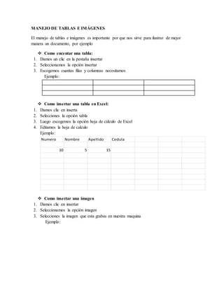 MANEJO DE TABLAS E IMÁGENES
El manejo de tablas e imágenes es importante por que nos sirve para ilustrar de mejor
manera un documento, por ejemplo
Como encentar una tabla:
1. Damos un clic en la pestaña insertar
2. Seleccionamos la opción insertar
3. Escogemos cuantas filas y columnas necesitamos
Ejemplo:
Como insertar una tabla en Excel:
1. Damos clic en inserta
2. Selecciones la opción tabla
3. Luego escogemos la opción hoja de cálculo de Excel
4. Editamos la hoja de calculo
Ejemplo:
Numero Nombre Apellido Cedula
10 5 15
Como insertar una imagen
1. Damos clic en insertar
2. Seleccionamos la opción imagen
3. Selecciones la imagen que esta grabas en nuestra maquina
Ejemplo: