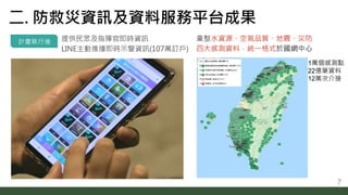 二. 防救災資訊及資料服務平台成果
計畫執行後 提供民眾及指揮官即時資訊
LINE主動推播即時示警資訊(107萬訂戶)
7
彙整水資源、空氣品質、地震、災防
四大感測資料，統一格式於國網中心
1萬個感測點
22億筆資料
12萬次介接
 