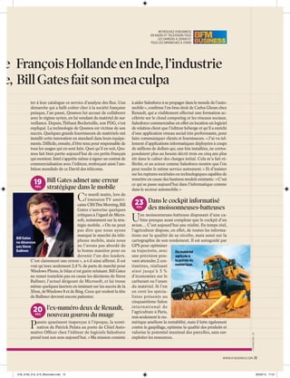RETROUVEZ 01 BUSINESS
EN RADIO ET TÉLÉVISION TOUS
LES SAMEDIS À 20H00 ET
TOUS LES DIMANCHES À 17H00

e François Hollande en Inde, l’industrie
e, Bill Gates fait son mea culpa

19 Bill Gates admet une erreur
FÉV.

stratégique dans le mobile

C

e mardi matin, lors de
l’émission TV américaine CBSThis Morning, Bill
Gates s’autorise quelques
critiques à l’égard de Microsoft, notamment sur la stratégie mobile. « On ne peut
pas dire que nous ayons
manqué le marché du téléBill Gates
phone mobile, mais nous
ne désavoue
ne l’avons pas abordé de
pas Steve
la bonne manière pour en
Ballmer.
devenir l’un des leaders.
C’est clairement une erreur », a-t-il ainsi afﬁrmé. Il est
vrai qu’avec seulement 2,4% de parts de marché pour
Windows Phone, le bilan n’est guère reluisant. Bill Gates
ne remet toutefois pas en cause les décisions de Steve
Ballmer, l’actuel dirigeant de Microsoft, et lui tresse
même quelques lauriers en insistant sur les succès de la
Xbox, deWindows 8 et de Bing. Ceux qui veulent la tête
de Ballmer devront encore patienter.

20 l’ex-numéro deux de Renault,
FÉV.

P

nouveau gourou du nuage

assée quasiment inaperçue à l’époque, la nomination de Patrick Pelata au poste de Chief Automative Officer chez l’éditeur de logiciels Salesforce
prend tout son sens aujourd’hui. «Ma mission consiste

à aider Salesforce à se propager dans le monde de l’automobile», conﬁrme l’ex-bras droit de Carlos Ghosn chez
Renault, qui a visiblement effectué une formation accélérée sur le cloud computing et les réseaux sociaux.
Salesforce commercialise en effet en location un logiciel
de relation client que l’éditeur héberge et qu’il a enrichi
d’une application réseau social très performante, pour
faire communiquer clients et fournisseurs. «J’ai vu tellement d’applications informatiques déployées à coups
de millions de dollars qui, une fois installées, ne correspondaient plus au besoin décrit trois ou cinq ans plus
tôt dans le cahier des charges initial. Cela m’a fait réﬂéchir, et un acteur comme Salesforce montre que l’on
peut rendre le même service autrement.» Et d’insister
sur les ruptures sociétales ou technologiques capables de
remettre en cause des business models existants: «C’est
ce qui se passe aujourd’hui dans l’informatique comme
dans le secteur automobile.»

23 Dans le cockpit informatisé
FÉV.

U

des moissonneuses-batteuses

ne moissonneuse-batteuse disposant d’une cabine presque aussi complexe que le cockpit d’un
avion… C’est aujourd’hui une réalité. En temps réel,
l’agriculteur dispose, en effet, de toutes les informations sur la qualité de sa récolte, mais aussi sur la
cartographie de son rendement. Il est autoguidé par
GPS pour optimiser
sa trajectoire, avec
Du matériel
une précision pouagricole à
la pointe du
vant atteindre 2 cennumérique.
timètres, réalisant
ainsi jusqu’à 5 %
d’économies sur le
carburant ou l’usure
du matériel. Si l’on
en croit les spécialistes présents au
cinquantième Salon
international de
l’agriculture à Paris,
non seulement le numérique améliore la rentabilité, mais il lutte également
contre le gaspillage, optimise la qualité des produits et
valorise le potentiel maximal des parcelles, sans surexploiter les ressources.

© NIVIÈRE/SIPA - DR

ter à leur catalogue ce service d’analyse des ﬂux. Une
démarche qui a failli coûter cher à la société française
puisque, l’an passé, Qosmos fut accusé de collaborer
avec le régime syrien, en lui vendant du matériel de surveillance. Depuis,Thibaut Bechetoille, son PDG, s’est
expliqué. La technologie de Qosmos est victime de son
succès. Quelques grands fournisseurs de matériels ont
installé cette innovation en standard dans leurs équipements. Difﬁcile, ensuite, d’être tenu pour responsable de
tous les usages qui en sont faits. Quoi qu’il en soit, Qosmos fait bien partie aujourd’hui de ces petits Français
qui montent. Intel s’apprête même à signer un contrat de
commercialisation avec l’éditeur, renforçant ainsi l’ambition mondiale de ce David des télécoms.

WWW.01 BUSINESS.COM .13

01B_2162_012_013_Blocnotes.indd 13

20/02/13 17:21

 