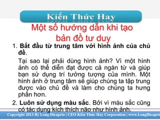 Một số hướng dẫn khi tạo
bản đồ tư duy
1. Bắt đầu từ trung tâm với hình ảnh của chủ
đề.
Tại sao lại phải dùng hình ảnh? Vì một hình
ảnh có thể diễn đạt được cả ngàn từ và giúp
bạn sử dụng trí tưởng tượng của mình. Một
hình ảnh ở trung tâm sẽ giúp chúng ta tập trung
được vào chủ đề và làm cho chúng ta hưng
phấn hơn.
2. Luôn sử dụng màu sắc. Bởi vì màu sắc cũng
có tác dụng kích thích não như hình ảnh.
 