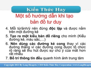 Một số hướng dẫn khi tạo
bản đồ tư duy
4. Mỗi từ/ảnh/ý nên đứng độc lập và được nằm
trên một đường kẻ
5. Tạo ra một kiểu bản đồ riêng cho mình (Kiểu
đường kẻ, màu sắc,…)
6. Nên dùng các đường kẻ cong thay vì các
đường thẳng vì các đường cong được tổ chức
rõ ràng sẽ thu hút được sự chú ý của mắt hơn
rất nhiều
7. Bố trí thông tin đều quanh hình ảnh trung tâm
 