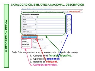 0.
DESCRIPCIÓN
PREVIA
CATALOGACIÓN. BIBLIOTECA NACIONAL. DESCRIPCIÓN
En la Búsqueda avanzada, tenemos cuatro tipos de elementos:
1. Campos de la ficha bibliográfica.
2. Operadores booleanos.
3. Botones de búsqueda.
4. Campos generales.
 