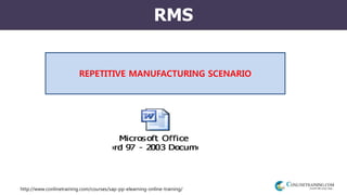 http://www.conlinetraining.com/courses/sap-pp-elearning-online-training/
RMS
REPETITIVE MANUFACTURING SCENARIO
 