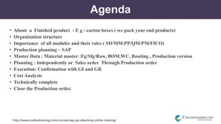 http://www.conlinetraining.com/courses/sap-pp-elearning-online-training/
Agenda
• About a Finished product - E g : carton boxes ( we pack your end products)
• Organization structure
• Importance of all modules and their roles ( SD/MM/PP/QM/PM/FICO)
• Production planning – SAP
• Master Data : Material master :Fg/Sfg/Raw, BOM,WC, Routing , Production version
• Planning : Independently or Sales order Through Production order
• Execution: Confirmation with GI and GR
• Cost Analysis
• Technically complete
• Close the Production order.
 