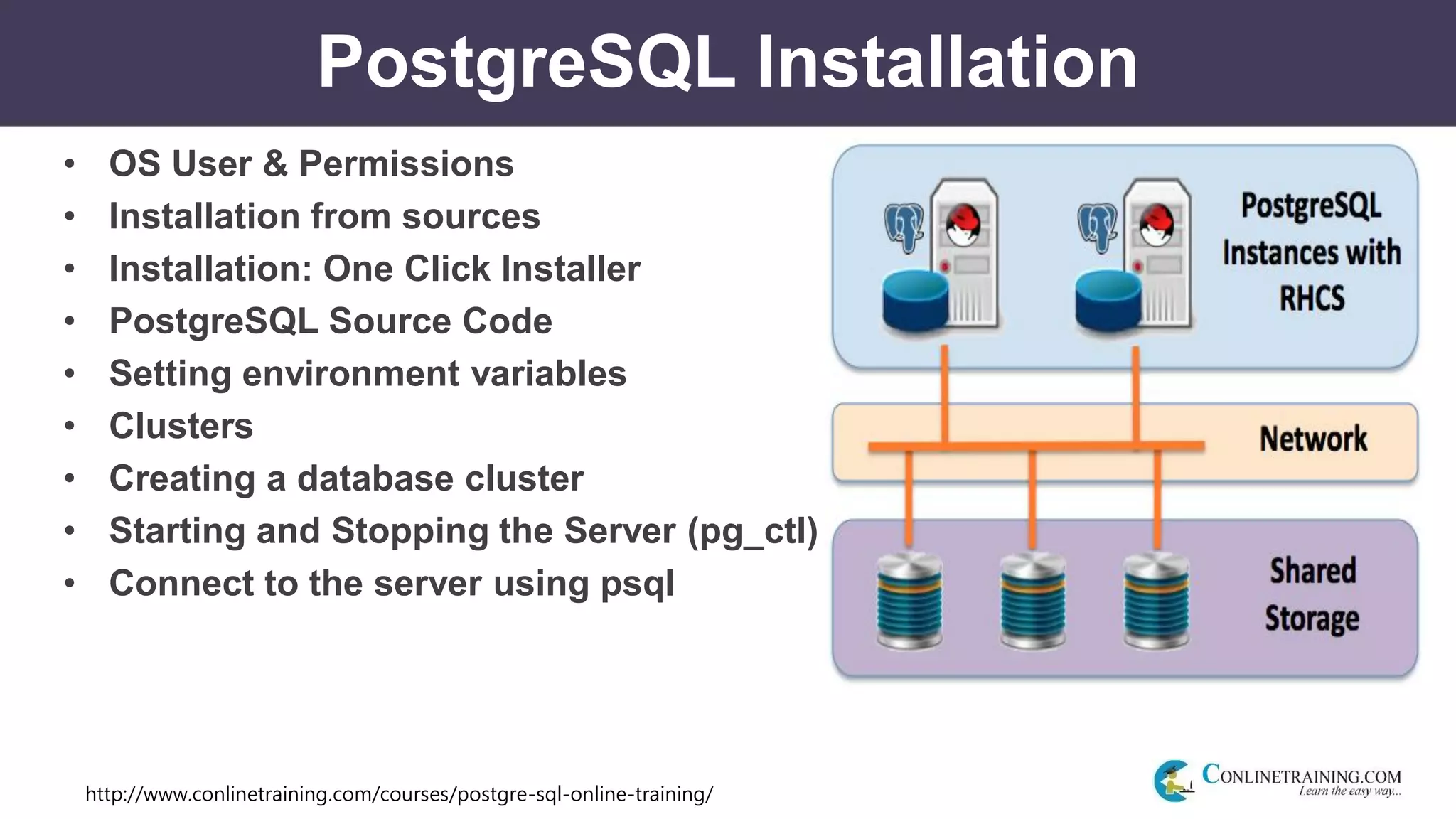 http://www.conlinetraining.com/courses/postgre-sql-online-training/
PostgreSQL Installation
• OS User & Permissions
• Installation from sources
• Installation: One Click Installer
• PostgreSQL Source Code
• Setting environment variables
• Clusters
• Creating a database cluster
• Starting and Stopping the Server (pg_ctl)
• Connect to the server using psql
 