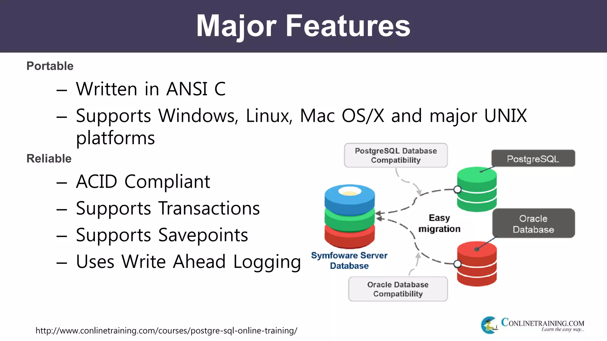 http://www.conlinetraining.com/courses/postgre-sql-online-training/
Major Features
Portable
– Written in ANSI C
– Supports Windows, Linux, Mac OS/X and major UNIX
platforms
Reliable
– ACID Compliant
– Supports Transactions
– Supports Savepoints
– Uses Write Ahead Logging
 