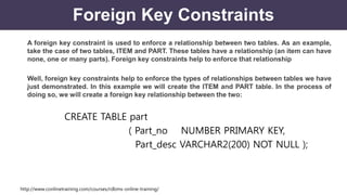 http://www.conlinetraining.com/courses/rdbms-online-training/
Foreign Key Constraints
A foreign key constraint is used to enforce a relationship between two tables. As an example,
take the case of two tables, ITEM and PART. These tables have a relationship (an item can have
none, one or many parts). Foreign key constraints help to enforce that relationship
Well, foreign key constraints help to enforce the types of relationships between tables we have
just demonstrated. In this example we will create the ITEM and PART table. In the process of
doing so, we will create a foreign key relationship between the two:
CREATE TABLE part
( Part_no NUMBER PRIMARY KEY,
Part_desc VARCHAR2(200) NOT NULL );
 