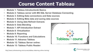 http://www.conlinetraining.com/courses/tableau-elearning-online-training/
Course Content Tableau
• Module 1: Tableau Introduction& Basics
• Module 2: Tableau server with MS SQL Server Database Connecting
• Module 3: Editing Data connections and Data sources
• Module 4: Editing Meta data and saving data sources
• Module 5: Using data Refresh Extracts
• Module 6: Data Blending
• Module 7: API Introduction Extract
• Module 8: Virtualization
• Module 9: Reporting
• Module 10: Functions and Calculations
• Module 11: Advance Tableau
• Module 12: Tableau Server online:
• Module 13: Tableau Public Reader:
 