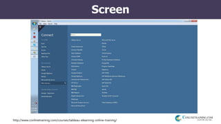 http://www.conlinetraining.com/courses/tableau-elearning-online-training/
Screen
 