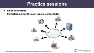 http://www.conlinetraining.com/courses/linux-administration-online-training/
Practice sessions
• Linux commands
• Perfection comes through practice only. Editor
 