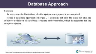 http://www.conlinetraining.com/courses/oracle-database-online-training/
Database Approach
Solution
In overcome the limitations of a file system new approach was required .
Hence a database approach emerged . It contains not only the data but also the
complete definition of Database structure and constrains, which is necessary for the
complete system .
 