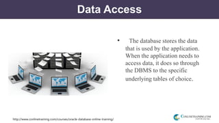 http://www.conlinetraining.com/courses/oracle-database-online-training/
Data Access
• The database stores the data
that is used by the application.
When the application needs to
access data, it does so through
the DBMS to the specific
underlying tables of choice.
 