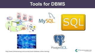 http://www.conlinetraining.com/courses/oracle-database-online-training/
Tools for DBMS
 