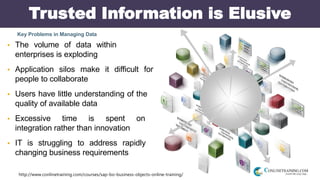 http://www.conlinetraining.com/courses/sap-bo-business-objects-online-training/
Trusted Information is Elusive
Key Problems in Managing Data
 The volume of data within
enterprises is exploding
 Application silos make it difficult for
people to collaborate
 Users have little understanding of the
quality of available data
 Excessive time is spent on
integration rather than innovation
 IT is struggling to address rapidly
changing business requirements
 