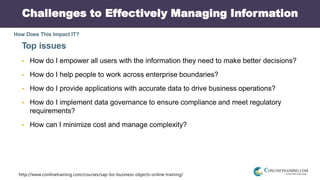 http://www.conlinetraining.com/courses/sap-bo-business-objects-online-training/
Challenges to Effectively Managing Information
How Does This Impact IT?
Top issues
 How do I empower all users with the information they need to make better decisions?
 How do I help people to work across enterprise boundaries?
 How do I provide applications with accurate data to drive business operations?
 How do I implement data governance to ensure compliance and meet regulatory
requirements?
 How can I minimize cost and manage complexity?
 