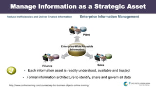 http://www.conlinetraining.com/courses/sap-bo-business-objects-online-training/
Manage Information as a Strategic Asset
Reduce Inefficiencies and Deliver Trusted Information Enterprise Information Management
Finance Sales
Plant
Enterprise-Wide Reusable
Information
 Each information asset is readily understood, available and trusted
 Formal information architecture to identify, share and govern all data
 