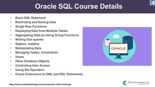 http://www.conlinetraining.com/courses/sql-online-training/
Oracle SQL Course Details
• Basic SQL Statement
• Restricting and Sorting Data
• Single Row Functions
• Displaying Data from Multiple Tables
• Aggregating Data by Using Group Functions
• Writing Sub queries
• Sqlplus, isqlplus
• Manipulating Data
• Managing Tables, Constraints
• Views
• Other Database Objects
• Controlling User Access
• Using Set Operators
• Oracle Extensions to DML and DDL Statements
 
