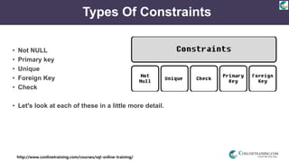 http://www.conlinetraining.com/courses/sql-online-training/
Types Of Constraints
• Not NULL
• Primary key
• Unique
• Foreign Key
• Check
• Let's look at each of these in a little more detail.
 