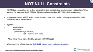 http://www.conlinetraining.com/courses/sql-online-training/
NOT NULL Constraints
• NOT NULL constraints are in-line constraints that indicate that a column can not contain NULL
values. For example, the PERSON_ID column is defined as NOT NULL in that example.
• If you need to add a NOT NULL constraint to a table after the fact, simply use the alter table
command as in this example:
• Syntax:-
• create table
customer
(status char(3) not null,
val number not null);
• Alter Table Table Name Modify( person_id NOT NULL);
• When copying tables, beware that NULL values many not copy properly.
 