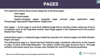 http://www.conlinetraining.com/courses/pega-elearning-Online-training/
PAGES
The clipboard contains three broad categories of top-level pages:
· User pages
· Declared pages
· System-managed pages: requestor page, process page, application page,
Thread page, OperatorID, Organization, OrgDivision
User pages :- A user page is a top-level clipboard page that an activity creates using any of sever
al methods, such as the Page-New method. User Pages appear in the Clipboard tool in the section
labeled User Pages.
A declarative page is a clipboard page created by execution of a declare pages rule (Rule-Declare-
Pages rule type).
The pxRequestor page is a named top-level clipboard page, sometimes referred to as the request
or page, of class Code-Pega-Requestor. The system creates this page during at log in. The page
contains information about your access roles, RuleSet list, and HTTP protocol parameters
 