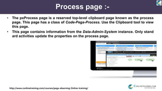 http://www.conlinetraining.com/courses/pega-elearning-Online-training/
Process page :-
• The pxProcess page is a reserved top-level clipboard page known as the process
page. This page has a class of Code-Pega-Process. Use the Clipboard tool to view
this page.
• This page contains information from the Data-Admin-System instance. Only stand
ard activities update the properties on the process page.
 