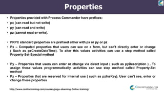 http://www.conlinetraining.com/courses/pega-elearning-Online-training/
Properties
• Properties provided with Process Commander have prefixes:
• px (can read but not write)
• py (can read and write)
• pz (cannot read or write).
• PRPC standard properties are prefixed either with px or py or pz
• Px – Computed properties that users can see on a form, but can’t directly enter or change
( Such as pxCreateDateTime). To alter this values activities can use a step method called
Property-Set-Special method
• Py – Properties that users can enter or change via direct input ( such as pyDescription ) . To
assign these values programmatically, activities can use step method called Property-Set
method
• Pz – Properties that are reserved for internal use ( such as pzInsKey). User can’t see, enter or
change these properties
 