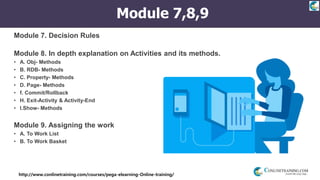 http://www.conlinetraining.com/courses/pega-elearning-Online-training/
Module 7,8,9
Module 7. Decision Rules
Module 8. In depth explanation on Activities and its methods.
• A. Obj- Methods
• B. RDB- Methods
• C. Property- Methods
• D. Page- Methods
• f. Commit/Rollback
• H. Exit-Activity & Activity-End
• I.Show- Methods
Module 9. Assigning the work
• A. To Work List
• B. To Work Basket
 