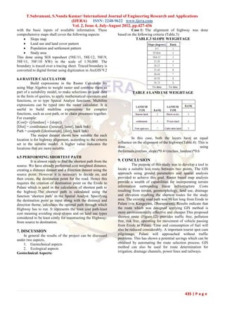 T.Subramani, S.Nanda Kumar/ International Journal of Engineering Research and Applications
                            (IJERA) ISSN: 2248-9622 www.ijera.com
                             Vol. 2, Issue 4, July-August 2012, pp.427-436
with the basic inputs of available information. These                    Case 1: The alignment of highway was done
comprehensive maps shall cover the following aspects:            based on the following criteria (Table.3)
     Slope map                                                             TABLE.3 SLOPE WEIGHTAGE
     Land use and land cover pattern
     Population and settlement pattern
     Study area
This done using SOI toposheet (58E/11, 58E/12, 58F/9,
58F/11, 58F/10 NW) in the scale of 1:50,000. The
boundary is traced over a tracing sheet. Traced boundary is
converted to digital format using digitization in ArcGIS‟9.2

6.4 RASTER CALCULATOR
          Build expressions in the Raster Calculator by
using Map Algebra to weight raster and combine them as
part of a suitability model, to make selections on your data              TABLE 4 LAND USE WEIGHTAGE
in the form of queries, to apply mathematical operators and
functions, or to type Spatial Analyst functions. Multiline
expressions can be typed into the raster calculator. It is
useful to build multiline expressions for complex
functions, such as cost path, or to chain processes together.
For example:
[Cost]= ([rlanduse] + [slope])
[Dist] = costdistance ([source], [cost], back link)
Path = costpath ([destination], [dist], back link)
          The output dataset shows how suitable the each
location is for highway alignment, according to the criteria              In this case, both the layers have an equal
set in the suitable model. A higher value indicates the          influence on the alignment of the highway(Table.4). This is
locations that are more suitable.                                done                                                 using
                                                                 theformula,(reclass_slope)*0.4+(reclass_landuse)*0.6
6.5 PERFORMING SHORTEST PATH
         It is almost ready to find the shortest path from the   9. CONCLUSION
source. We have already performed cost weighted distance,                  The purpose of this study was to develop a tool to
creating a distance dataset and a direction dataset using the    locate a suitable less route between two points. The GIS
source point. However it is necessary to decide on, and          approach using ground parameters and spatial analysis
then create, the destination point for the road. Hence this      provided to achieve this goal. Raster based map analysis
requires the creation of destination point on the Erode to       provide a wealth of capabilities for incorporating terrain
Palani which is used in the calculation of shortest path to      information surrounding linear infrastructure .Costs
the highway.The shortest path is calculated using the            resulting from terrain, geomorphology, land use, drainage
function „shortest path‟ in the Spatial Analyst. Specifying      and elevation resulting the shortest routes for the study
the destination point as input along with the distance and       area. The existing road path was 90 km long from Erode to
direction theme, calculates the optimal path through which       Palani (via Kangeyam, Dharapuram). Results indicate that
Highway has to run. It represents the least cost path-least      the route which was designed applying GIS method is
cost meaning avoiding steep slopes and on land use types         more environmentally effective and cheaper.This proposed
considered to be least costly for constructing the Highway-      shortest route (Figure.12) provides traffic free, pollution
from source to destination.                                      free, risk free, operating for movement of vehicle passing
                                                                 from Erode to Palani. Time and consumption of fuel will
7. DISCUSSION                                                    also be reduced considerably. A important tourist spot cum
    In general the results of the project can be discussed       pilgrimage, Palani will approached without traffic
under two aspects,                                               problems. This has shown a potential savings which can be
    1. Geotechnical aspects                                      obtained by automating the route selection process. GIS
    2. Ecological aspects                                        method can also be used for route determination for
Geotechnical Aspects:                                            irrigation, drainage channels, power lines and railways.




                                                                                                             435 | P a g e
 