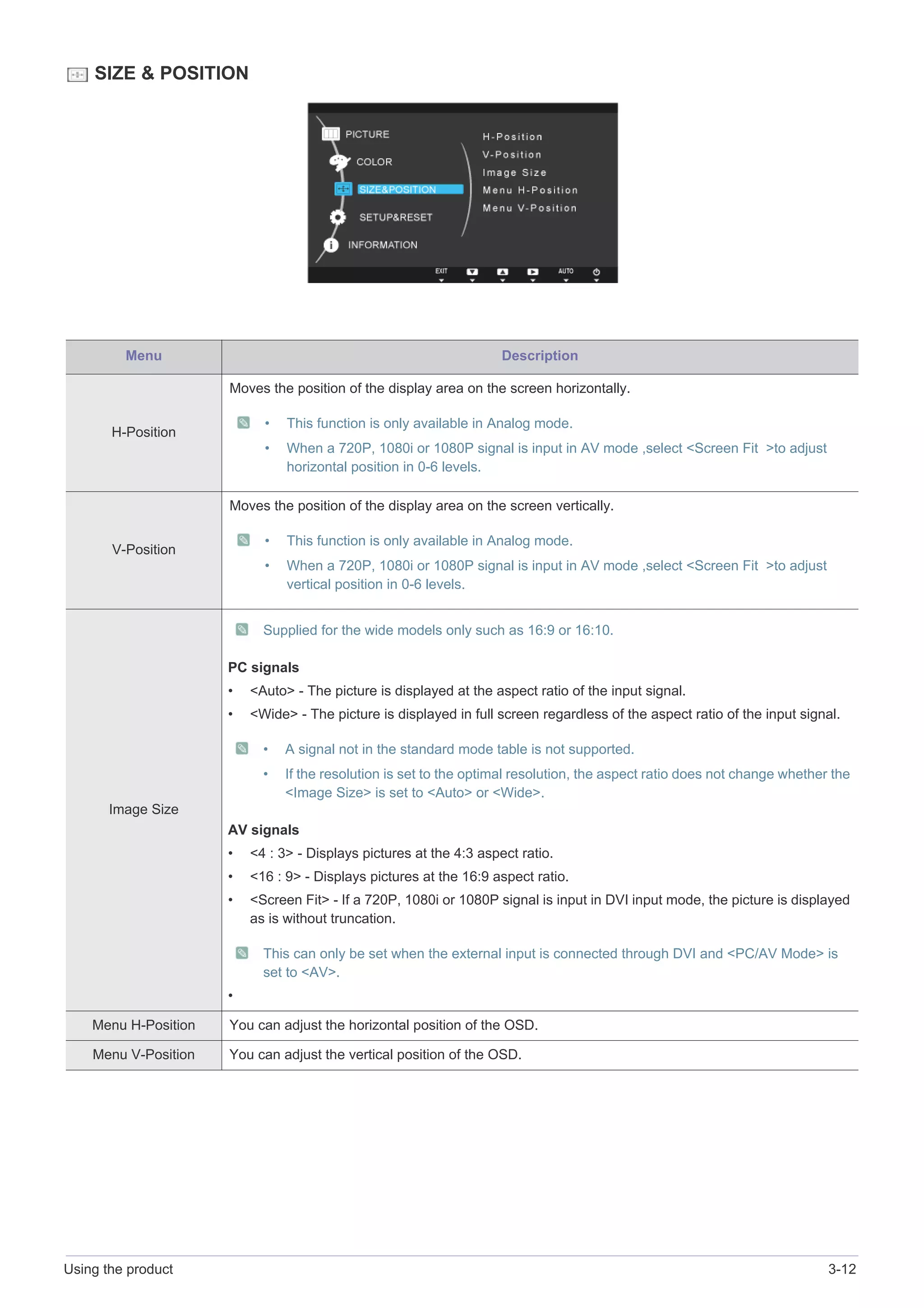 Using the product 3-12
SIZE & POSITION
Menu Description
H-Position
Moves the position of the display area on the screen horizontally.
• This function is only available in Analog mode.
• When a 720P, 1080i or 1080P signal is input in AV mode ,select <Screen Fit >to adjust
horizontal position in 0-6 levels.
V-Position
Moves the position of the display area on the screen vertically.
• This function is only available in Analog mode.
• When a 720P, 1080i or 1080P signal is input in AV mode ,select <Screen Fit >to adjust
vertical position in 0-6 levels.
Image Size
Supplied for the wide models only such as 16:9 or 16:10.
PC signals
• <Auto> - The picture is displayed at the aspect ratio of the input signal.
• <Wide> - The picture is displayed in full screen regardless of the aspect ratio of the input signal.
• A signal not in the standard mode table is not supported.
• If the resolution is set to the optimal resolution, the aspect ratio does not change whether the
<Image Size> is set to <Auto> or <Wide>.
AV signals
• <4 : 3> - Displays pictures at the 4:3 aspect ratio.
• <16 : 9> - Displays pictures at the 16:9 aspect ratio.
• <Screen Fit> - If a 720P, 1080i or 1080P signal is input in DVI input mode, the picture is displayed
as is without truncation.
This can only be set when the external input is connected through DVI and <PC/AV Mode> is
set to <AV>.
•
Menu H-Position You can adjust the horizontal position of the OSD.
Menu V-Position You can adjust the vertical position of the OSD.
 
