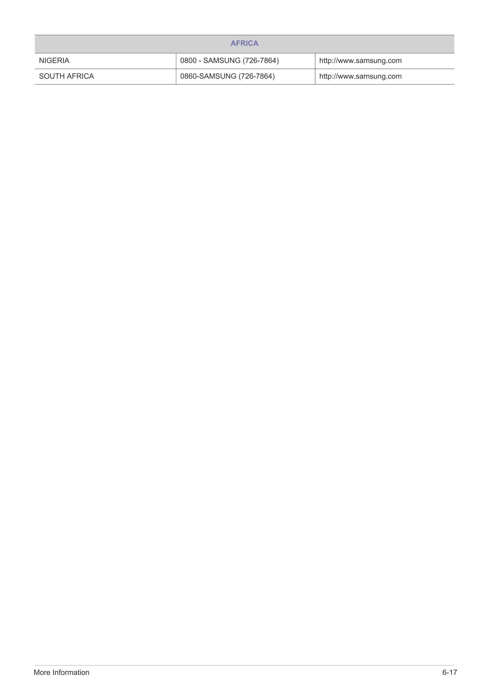 More Information 6-17
AFRICA
NIGERIA 0800 - SAMSUNG (726-7864) http://www.samsung.com
SOUTH AFRICA 0860-SAMSUNG (726-7864) http://www.samsung.com
 
